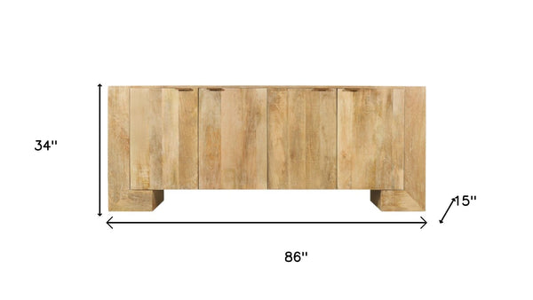 HomeRoots 86" Natural Distressed Solid Wood Sideboard - Stylish Storage Buffet with Four Doors & Bronze Accents 612066