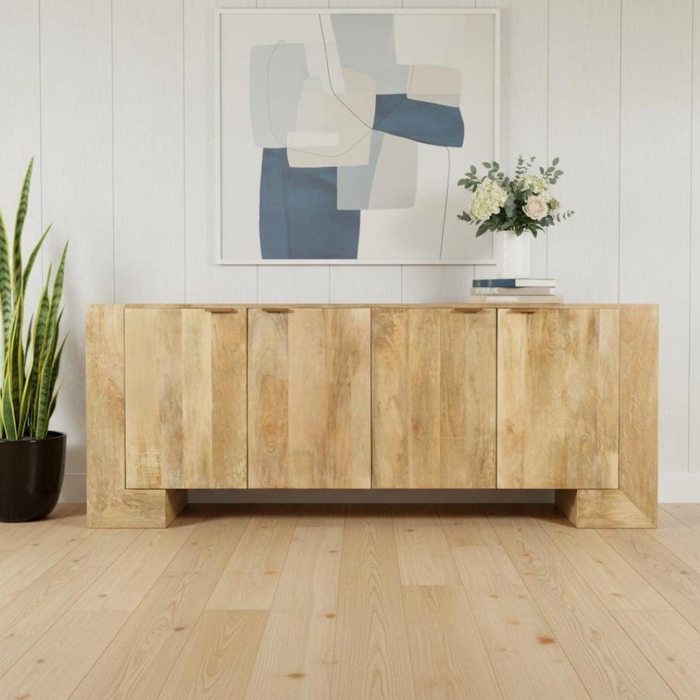 HomeRoots 86" Natural Distressed Solid Wood Sideboard - Stylish Storage Buffet with Four Doors & Bronze Accents 612066