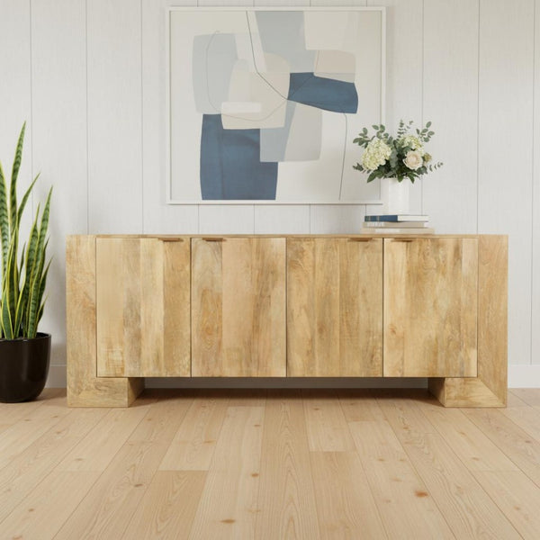 HomeRoots 86" Natural Distressed Solid Wood Sideboard - Stylish Storage Buffet with Four Doors & Bronze Accents 612066