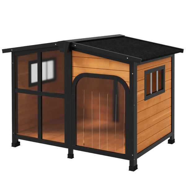 English Elm Pawhut Cabin Style Wooden Outdoor Dog House with Asphalt Roof and Openable Top W2225P249729