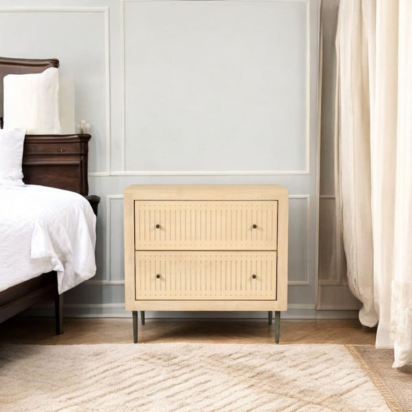 HomeRoots 28" Natural Solid Wood Nightstand with Rustic Carved Details, 2 Drawers & Versatile Accent Table Design 612087