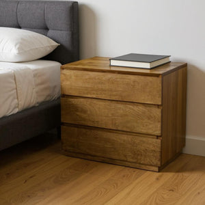 HomeRoots 24" Rustic Solid Wood Nightstand with Three Soft-Close Drawers - Vintage Tan Finish for Versatile Storage 612089