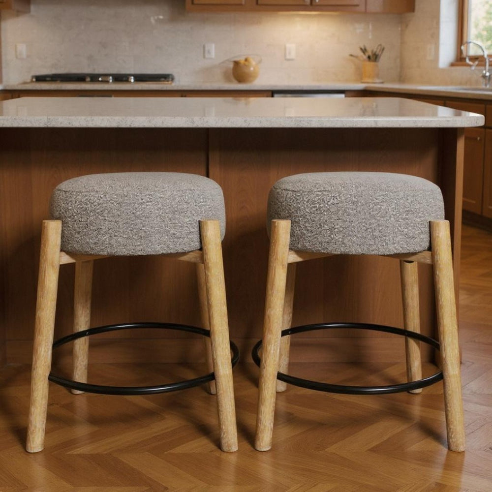 HomeRoots Set of Two Stylish Gray and Natural Wood Backless Bar Stools for Modern Kitchen & Dining Spaces 612091