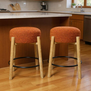 HomeRoots Set of Two Backless Bar Chairs with Rust Fabric Seat and Natural Wood Base for Stylish Comfort 612092