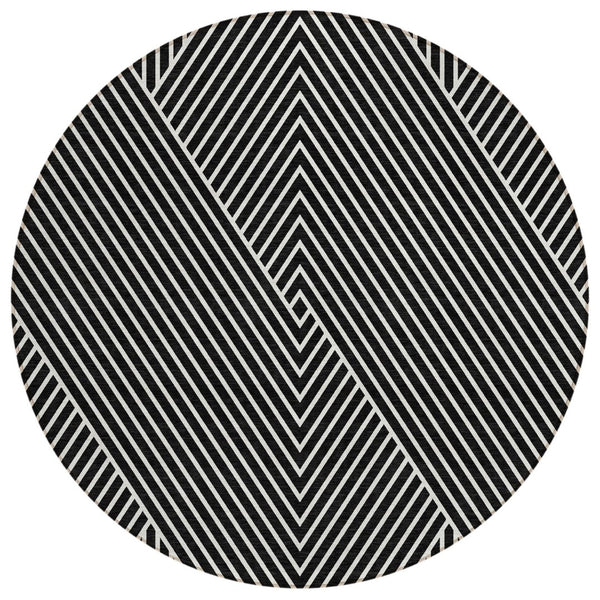 HomeRoots 5' Modern Black and Ivory Geometric Washable Area Rug for Indoor and Outdoor Spaces, Durable Design 8' Round 612108