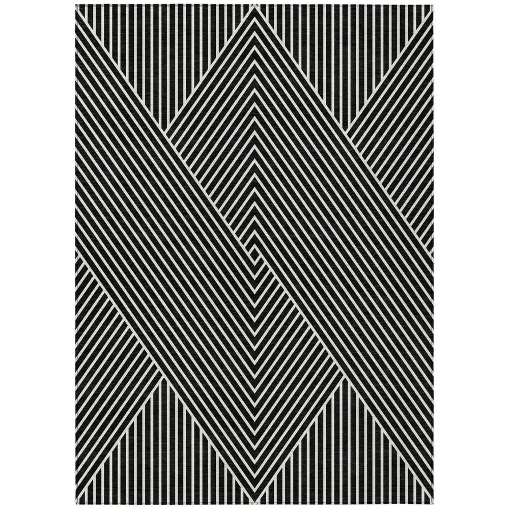 HomeRoots 5' Modern Black and Ivory Geometric Washable Area Rug for Indoor and Outdoor Spaces, Durable Design 9' X 12' 612110