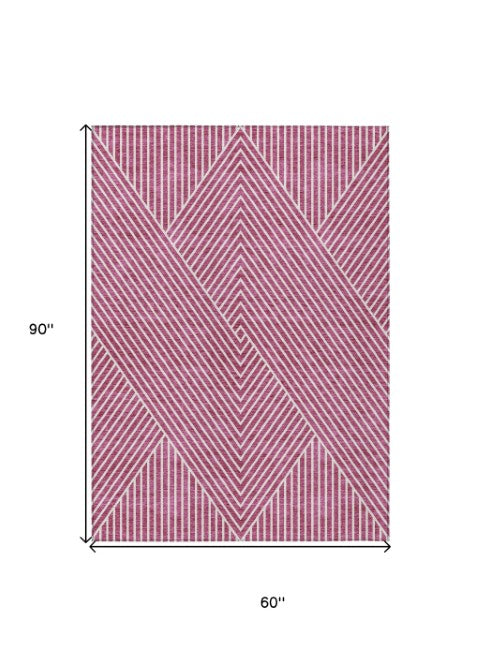 Homeroots 3' X 5' Stylish Geometric Washable Area Rug For Indoor And Outdoor Spaces - Durable & Versatile Design Blush Polyester 612113