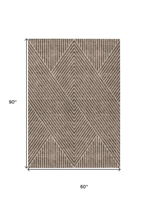 Homeroots 3' X 5' Stylish Geometric Washable Area Rug For Indoor And Outdoor Spaces - Durable & Versatile Design Brown Polyester 612119
