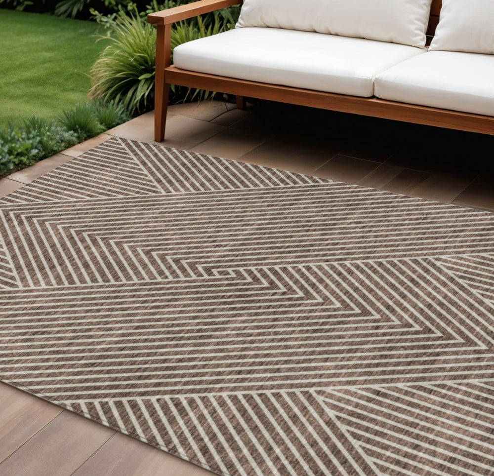 HomeRoots 5' Durable Brown and Ivory Geometric Area Rug – Stylish Washable Indoor/Outdoor Solution for Homes 10' X 14' 612123