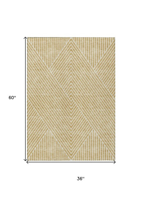 Homeroots 3' X 5' Stylish Geometric Washable Area Rug For Indoor And Outdoor Spaces - Durable & Versatile Design Gold Polyester 612124
