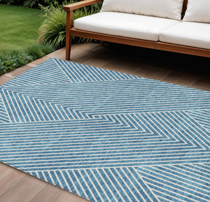 Homeroots 3' X 5' Stylish Geometric Washable Area Rug For Indoor And Outdoor Spaces - Durable & Versatile Design Teal Blue Polyester 612147