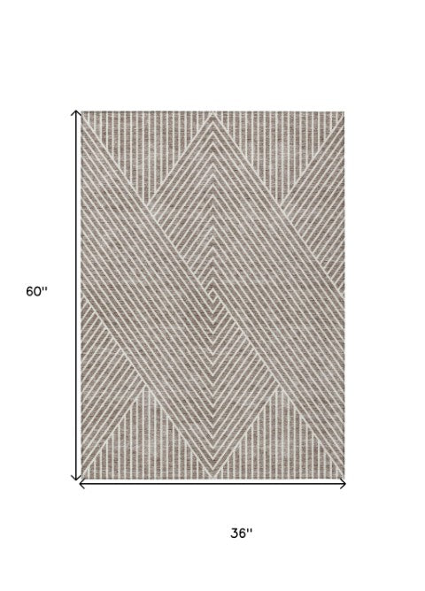 Homeroots 3' X 5' Stylish Geometric Washable Area Rug For Indoor And Outdoor Spaces - Durable & Versatile Design Taupe Polyester 612148