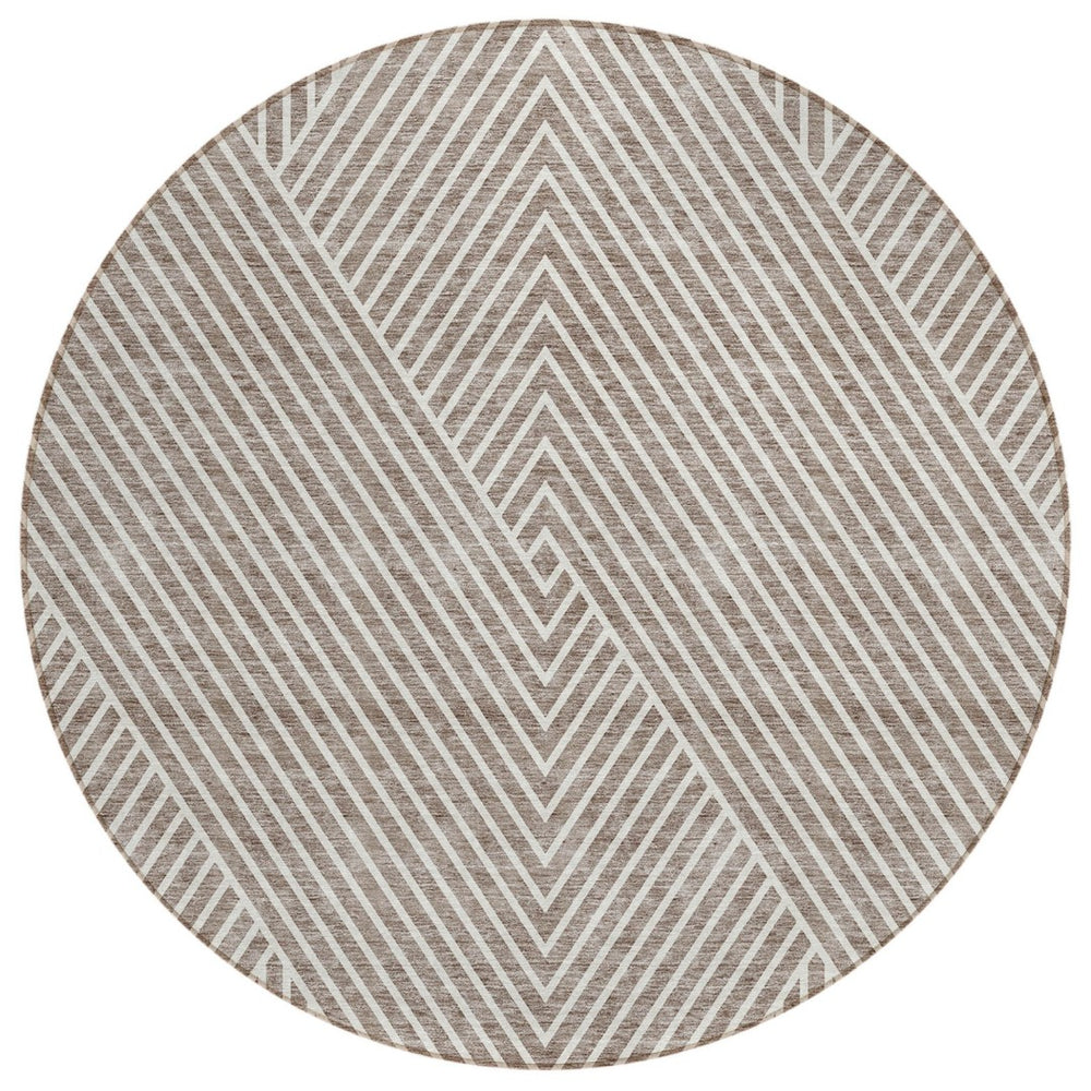 HomeRoots 5' Modern Taupe and Ivory Geometric Area Rug - Stylish, Washable, Durable for Indoor or Outdoor Use 8' Round 612150