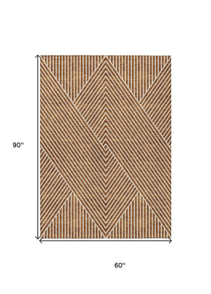HomeRoots 5' Terra Cotta and Ivory Geometric Washable Area Rug for Indoor and Outdoor Stylish Living Spaces 5' X 8' 612155