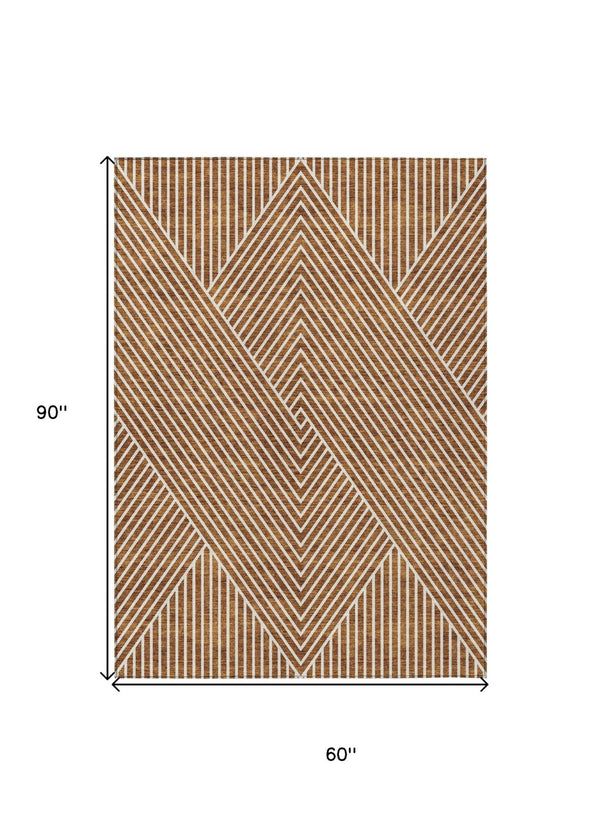 HomeRoots 5' Terra Cotta and Ivory Geometric Washable Area Rug for Indoor and Outdoor Stylish Living Spaces 5' X 8' 612155