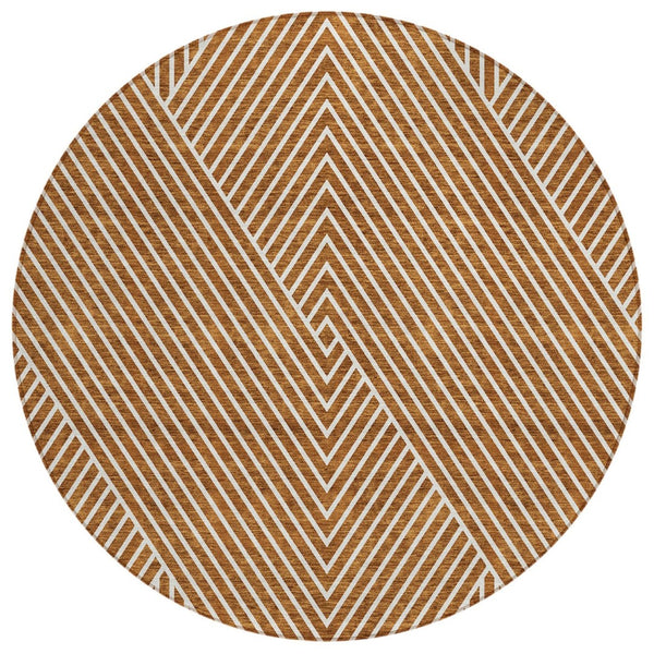 HomeRoots 5' Terra Cotta and Ivory Geometric Washable Area Rug for Indoor and Outdoor Stylish Living Spaces 8' Round 612156