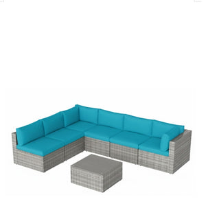 English Elm 7-piece Outdoor Modular Sectional Pe Wicker Patio Set with Tempered Glass Coffee Table Grey+Blue B082S00064