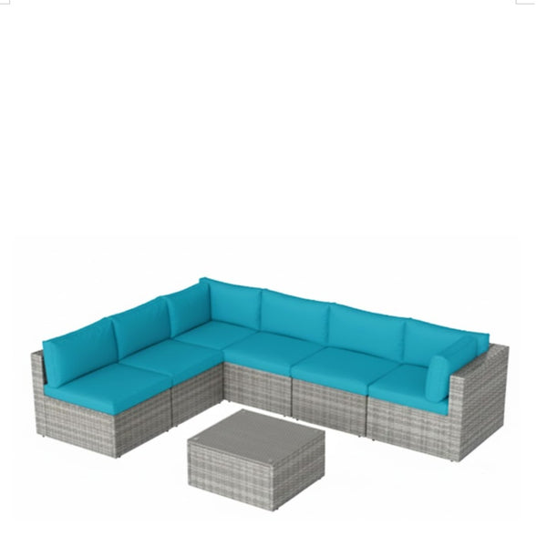 English Elm 7-piece Outdoor Modular Sectional Pe Wicker Patio Set with Tempered Glass Coffee Table Grey+Blue B082S00064