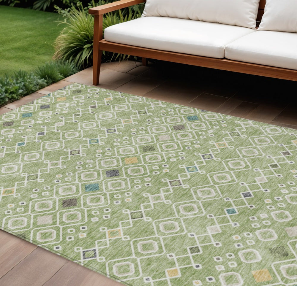 HomeRoots 5' Geometric Sage, Ivory & Teal Blue Indoor Outdoor Area Rug – Durable, Washable & Stylish Decor 10' X 14' 612171