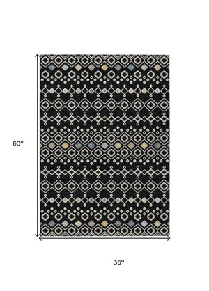 Homeroots 3' X 5' Southwestern Washable Indoor Outdoor Area Rug - Durable, Stylish, Stain Resistant Design Black Polyester 612172
