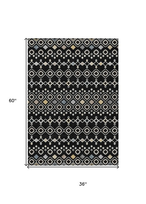 Homeroots 3' X 5' Southwestern Washable Indoor Outdoor Area Rug - Durable, Stylish, Stain Resistant Design Black Polyester 612172