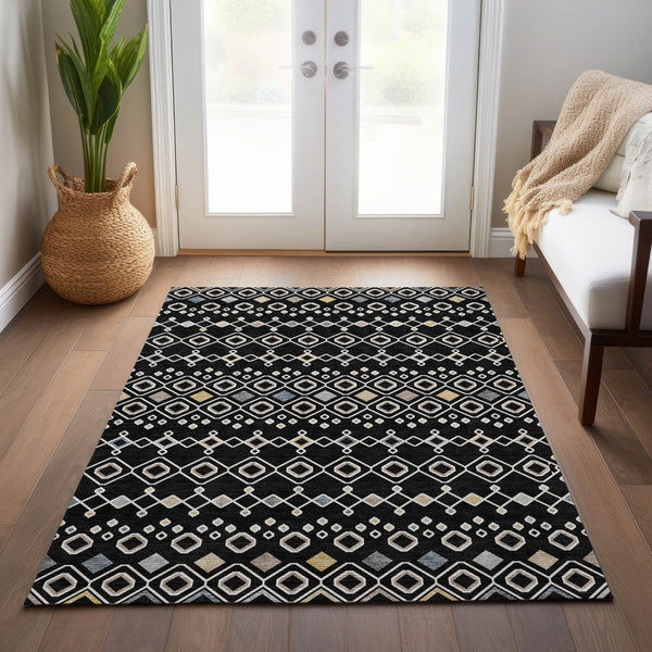 Homeroots 3' X 5' Southwestern Washable Indoor Outdoor Area Rug - Durable, Stylish, Stain Resistant Design Black Polyester 612172