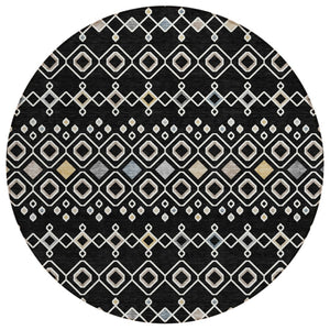 HomeRoots 5' Stylish Black, Ivory & Blue Geometric Washable Area Rug for Indoor & Outdoor High-Traffic Use 8' Round 612174