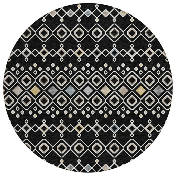 HomeRoots 5' Stylish Black, Ivory & Blue Geometric Washable Area Rug for Indoor & Outdoor High-Traffic Use 8' Round 612174