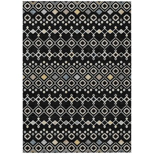 HomeRoots 5' Stylish Black, Ivory & Blue Geometric Washable Area Rug for Indoor & Outdoor High-Traffic Use 8' X 10' 612175