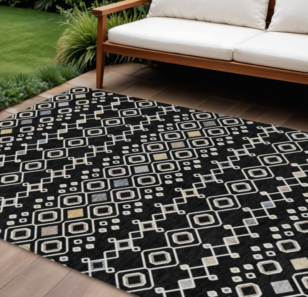 HomeRoots 5' Stylish Black, Ivory & Blue Geometric Washable Area Rug for Indoor & Outdoor High-Traffic Use 10' X 14' 612177