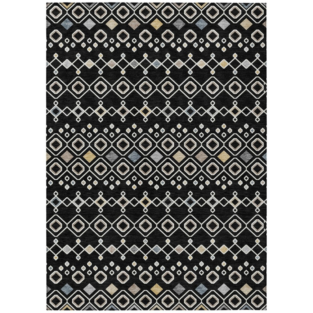 HomeRoots 5' Stylish Black, Ivory & Blue Geometric Washable Area Rug for Indoor & Outdoor High-Traffic Use 10' X 14' 612177
