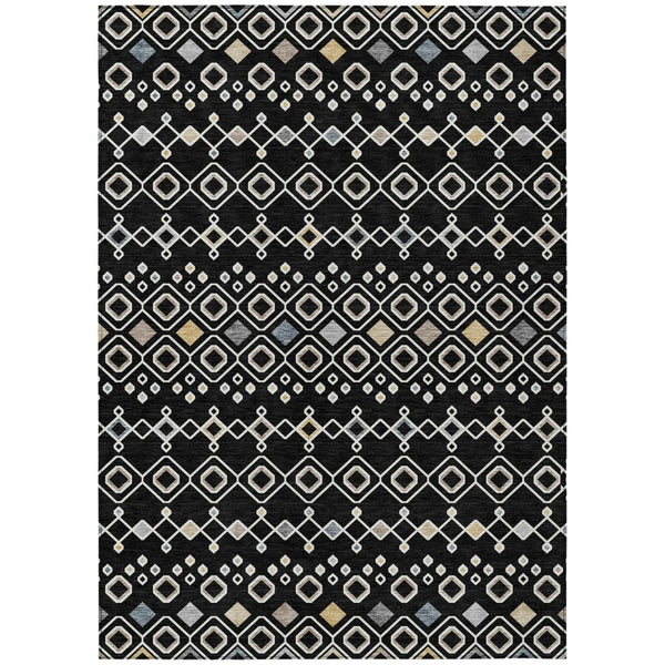 HomeRoots 5' Stylish Black, Ivory & Blue Geometric Washable Area Rug for Indoor & Outdoor High-Traffic Use 10' X 14' 612177