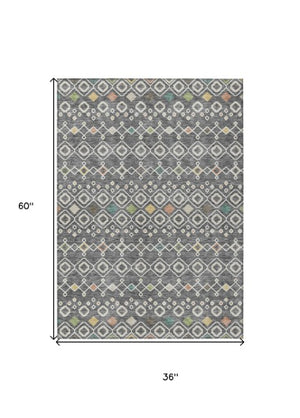 Homeroots 3' X 5' Southwestern Washable Indoor Outdoor Area Rug - Durable, Stylish, Stain Resistant Design Gray Polyester 612178