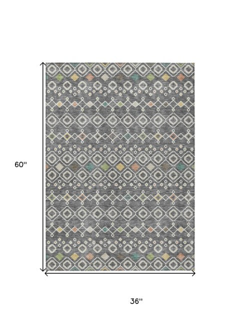 Homeroots 3' X 5' Southwestern Washable Indoor Outdoor Area Rug - Durable, Stylish, Stain Resistant Design Gray Polyester 612178
