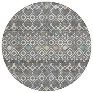 HomeRoots 5' Modern Geometric Gray Ivory and Gold Area Rug – Stylish, Washable Solution for Indoor/Outdoor Use 8' Round 612180