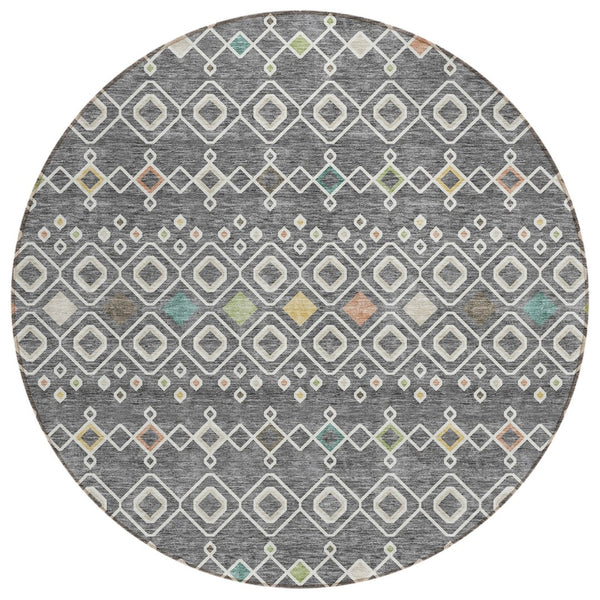 HomeRoots 5' Modern Geometric Gray Ivory and Gold Area Rug – Stylish, Washable Solution for Indoor/Outdoor Use 8' Round 612180