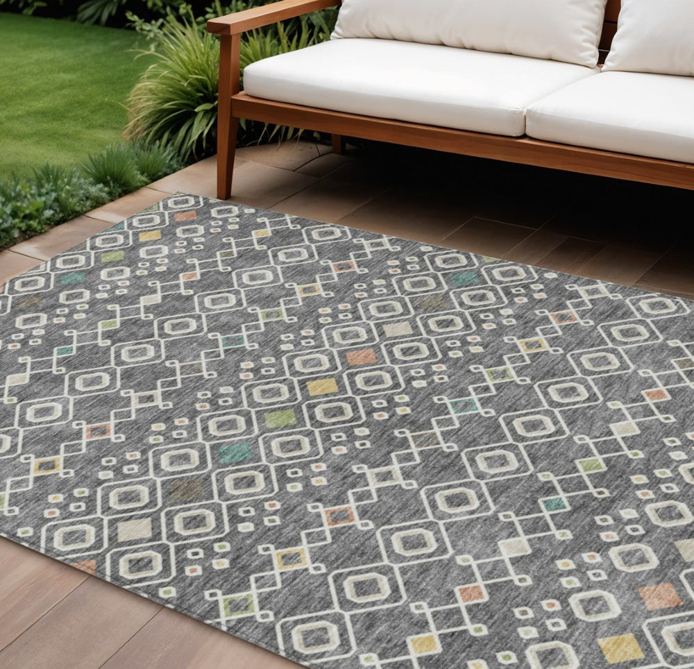 HomeRoots 5' Modern Geometric Gray Ivory and Gold Area Rug – Stylish, Washable Solution for Indoor/Outdoor Use 8' X 10' 612181