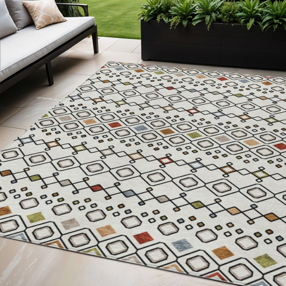 HomeRoots 5' Stylish Ivory, Red, and Gray Geometric Area Rug for Indoor and Outdoor Spaces - Washable & Durable 5' X 8' 612185