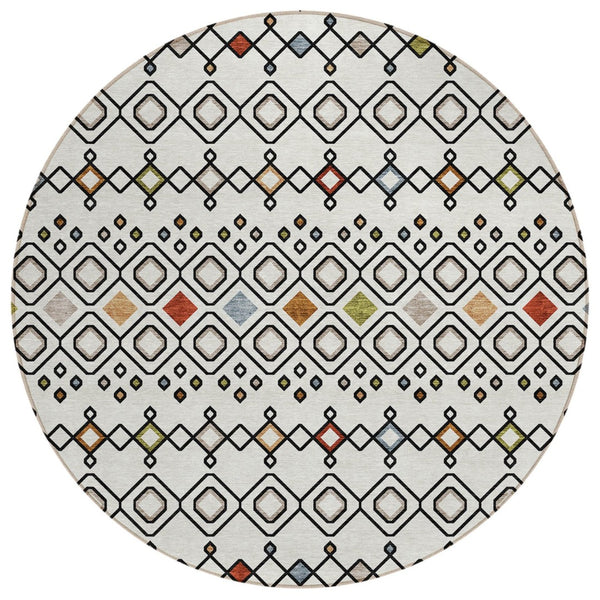HomeRoots 5' Stylish Ivory, Red, and Gray Geometric Area Rug for Indoor and Outdoor Spaces - Washable & Durable 8' Round 612186