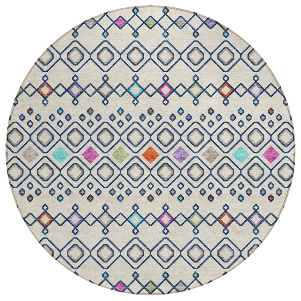 HomeRoots 5' Durable Linen Pink and Orange Geometric Area Rug – Stylish, Washable for Indoor and Outdoor Use 8' Round 612192