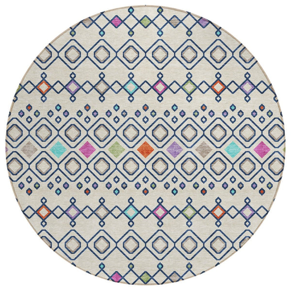 HomeRoots 5' Durable Linen Pink and Orange Geometric Area Rug – Stylish, Washable for Indoor and Outdoor Use 8' Round 612192