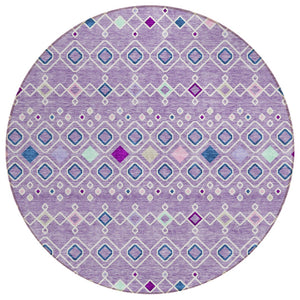 HomeRoots 5' Modern Geometric Indoor Outdoor Area Rug in Lavender, Ivory, and Blue – Washable & Durable Design 8' Round 612198