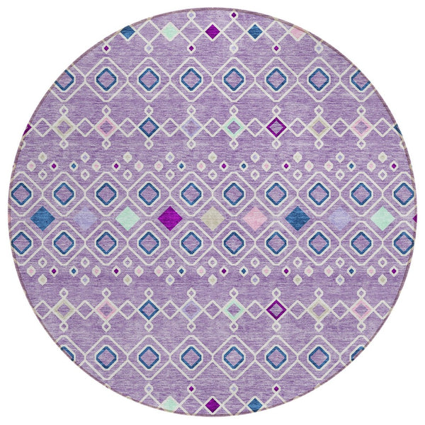 HomeRoots 5' Modern Geometric Indoor Outdoor Area Rug in Lavender, Ivory, and Blue – Washable & Durable Design 8' Round 612198