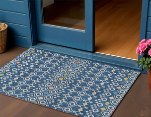 Homeroots 3' X 5' Southwestern Washable Indoor Outdoor Area Rug - Durable, Stylish, Stain Resistant Design Navy Blue Polyester 612202