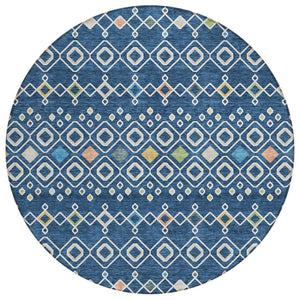 HomeRoots 5' Modern Geometric Area Rug in Navy Blue, Ivory & Peach – Washable for Indoor/Outdoor Durability! 8' Round 612204