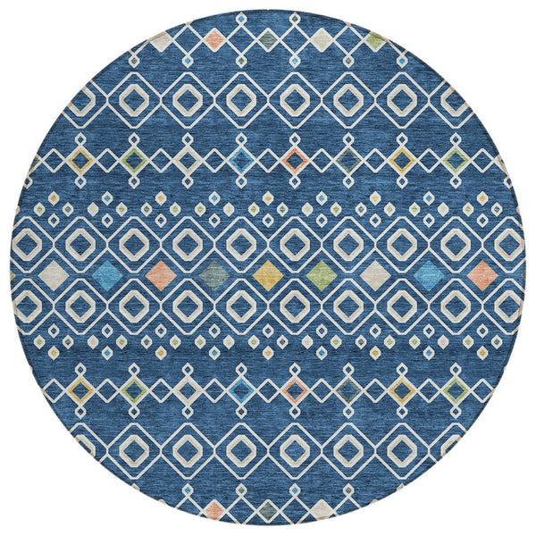 HomeRoots 5' Modern Geometric Area Rug in Navy Blue, Ivory & Peach – Washable for Indoor/Outdoor Durability! 8' Round 612204