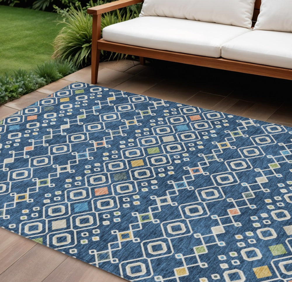 HomeRoots 5' Modern Geometric Area Rug in Navy Blue, Ivory & Peach – Washable for Indoor/Outdoor Durability! 10' X 14' 612207