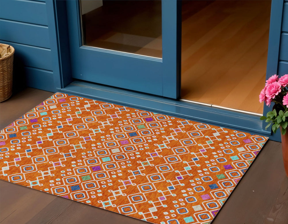 Homeroots 3' X 5' Southwestern Washable Indoor Outdoor Area Rug - Durable, Stylish, Stain Resistant Design Orange Polyester 612208