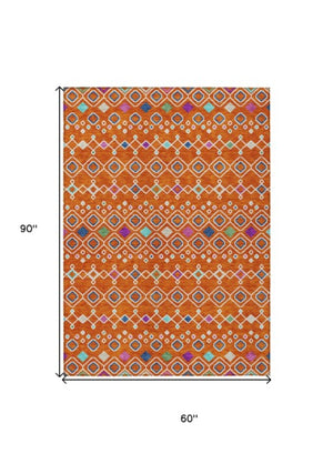 Homeroots 3' X 5' Southwestern Washable Indoor Outdoor Area Rug - Durable, Stylish, Stain Resistant Design Orange Polyester 612209