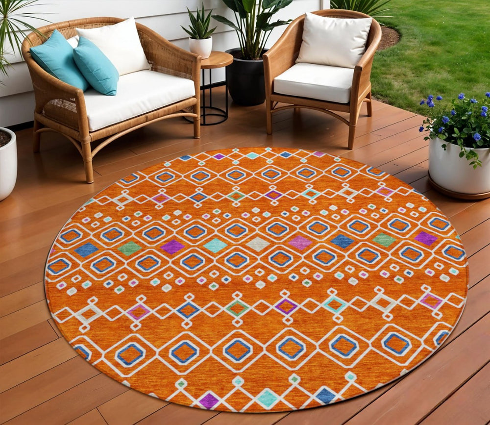 HomeRoots 5' Vibrant Geometric Indoor Outdoor Area Rug for High-Traffic Spaces – Stylish, Washable, Durable Design 8' Round 612210